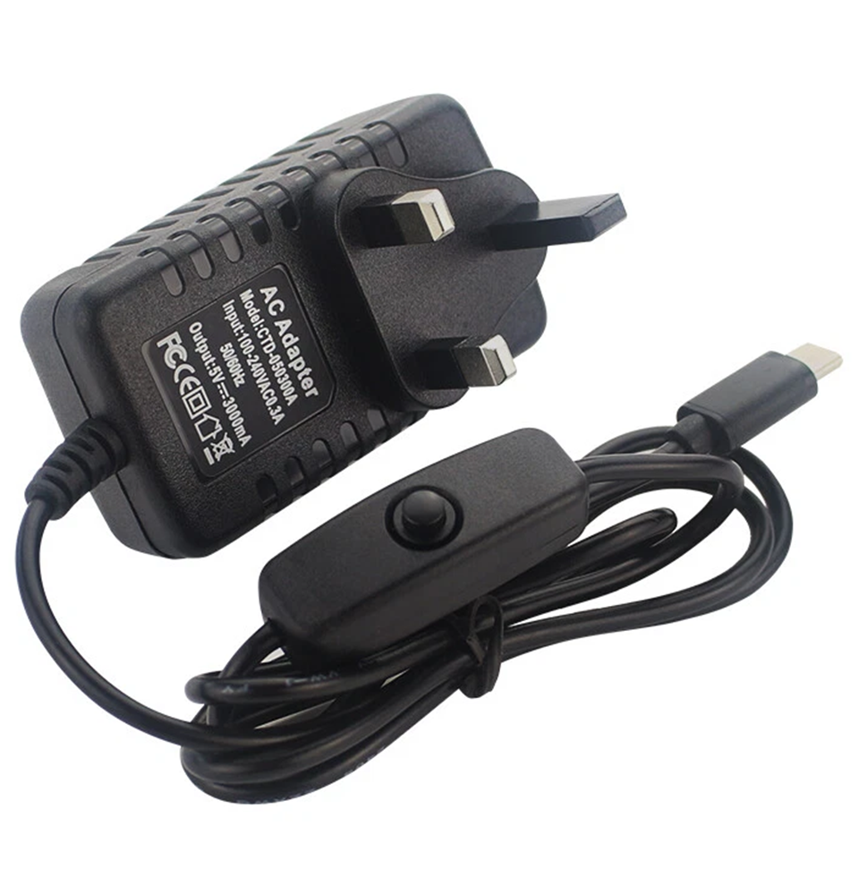 UK 3 pin USB-C power supply with switch