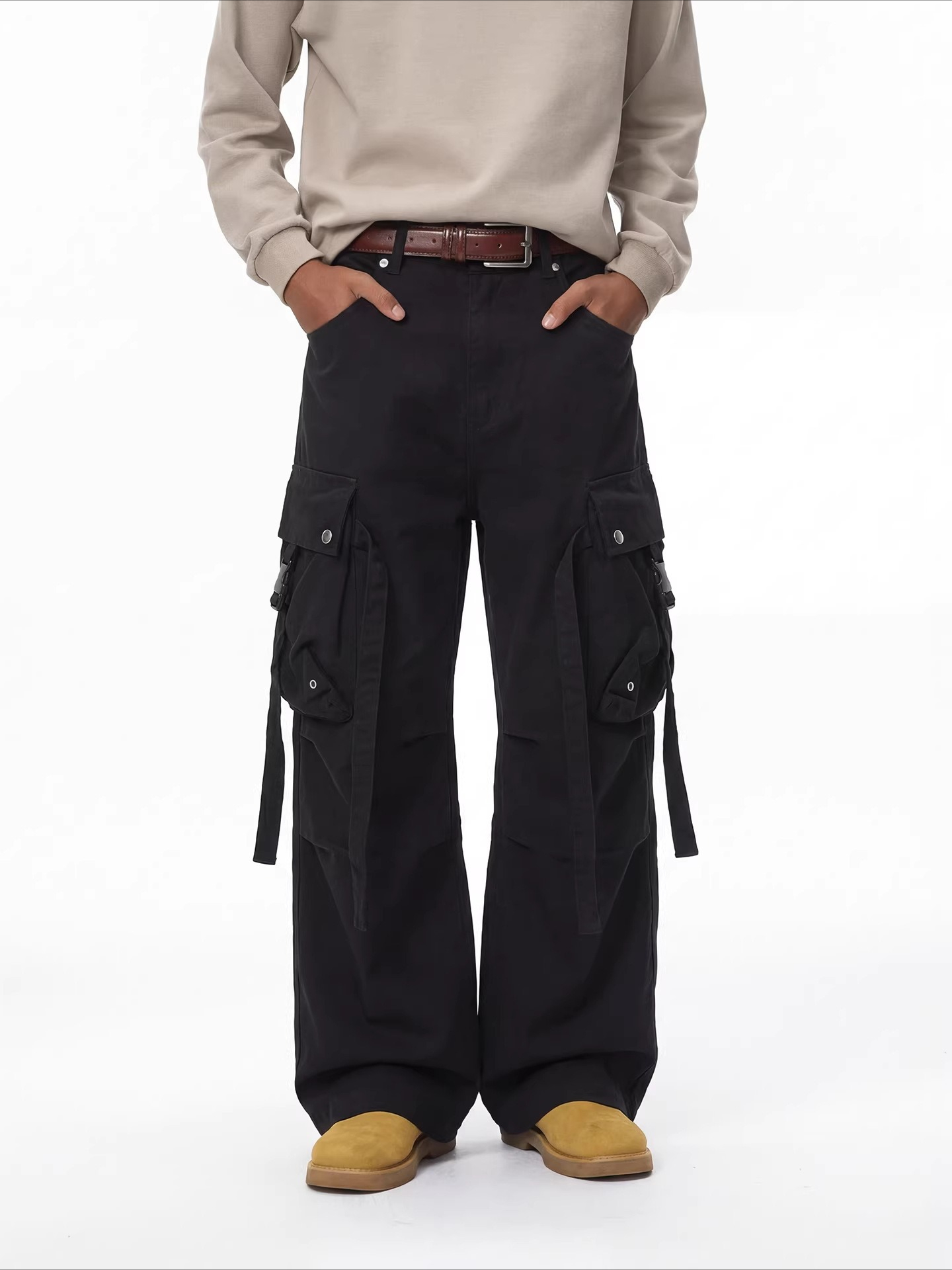 K Men's Workwear Strap Pants, Casual Retro Micro Flared Pants_voghion.com