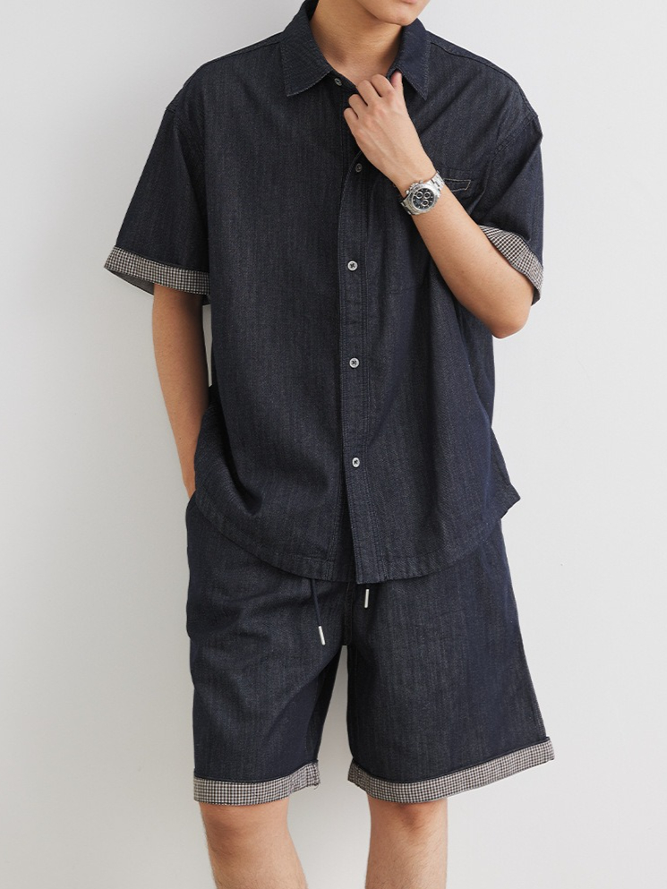 Completo denim uomo camicia a maniche corte e pantaloncini_voghion.com