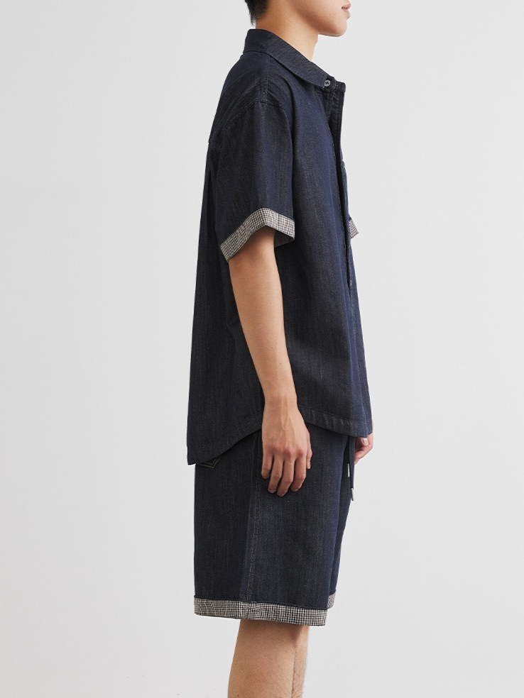 Completo denim uomo camicia a maniche corte e pantaloncini_voghion.com