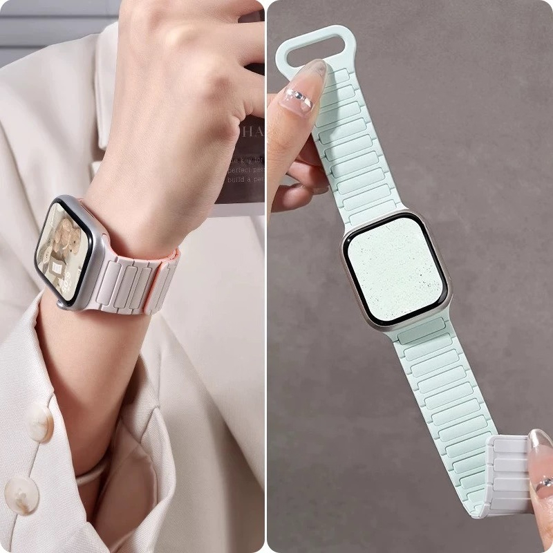 Pulseira de relógio elegante, acessório para relógio, pulseira de silicone magnética com três contas, compatível com relógios de 8ª/9ª geração._voghion.com