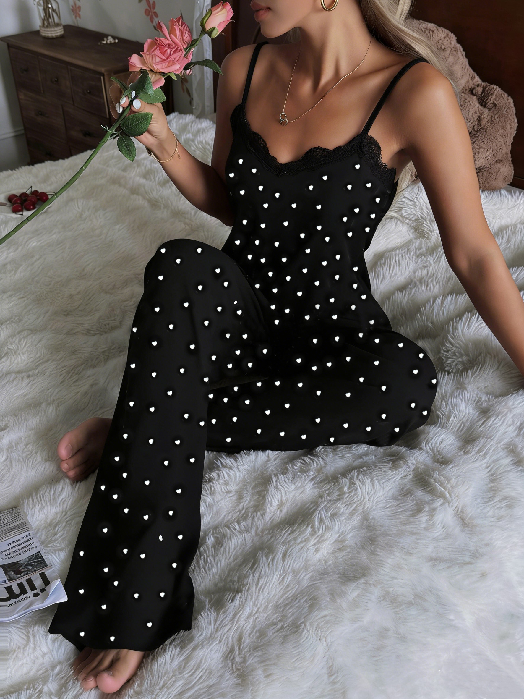 Women's Summer Heart Print Cami Pajama Set, Casual & Comfortable Loungewear_voghion.com