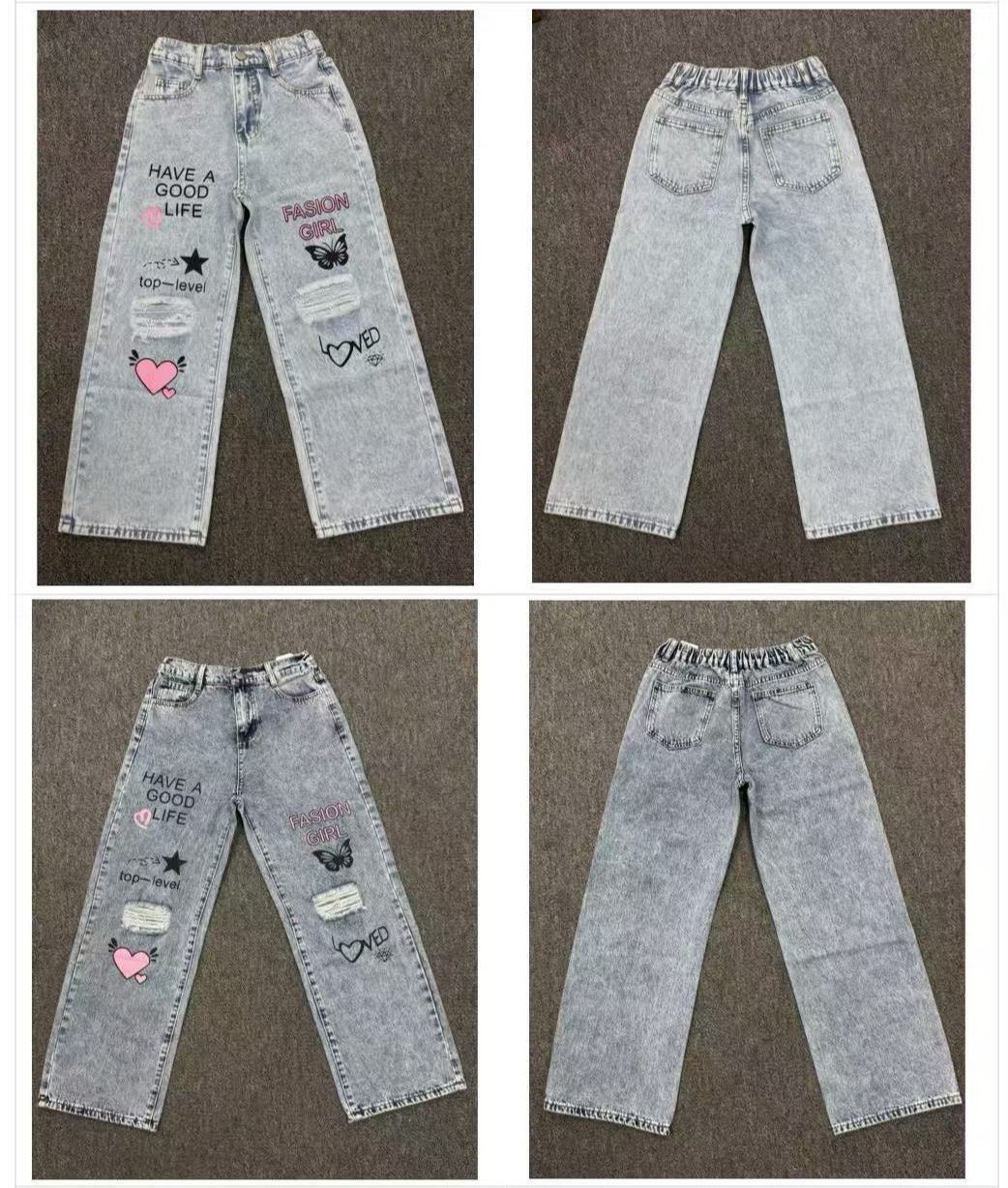 Girl's Snowflake Washed Ripped Print Wide Leg Jeans_voghion.com
