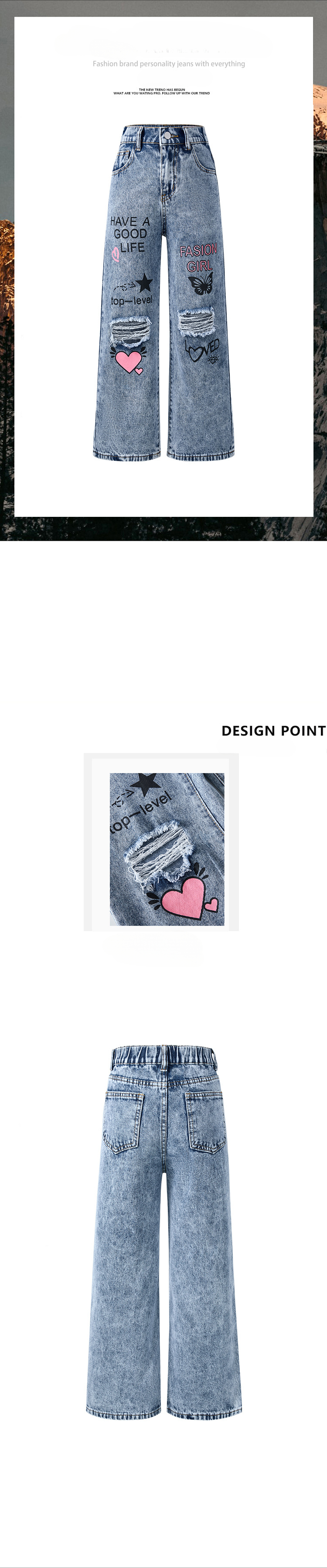 Girl's Snowflake Washed Ripped Print Wide Leg Jeans_voghion.com