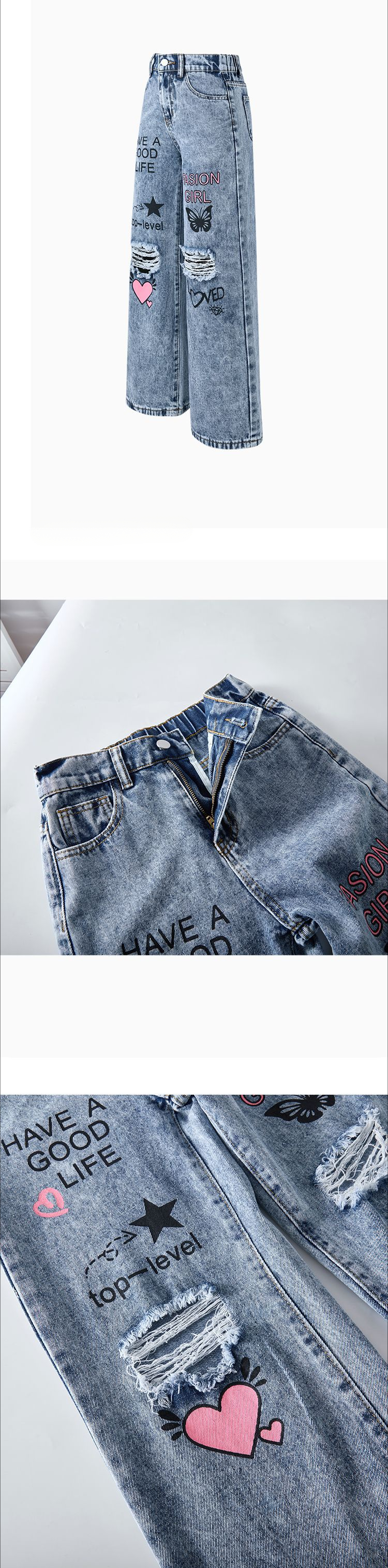 Girl's Snowflake Washed Ripped Print Wide Leg Jeans_voghion.com