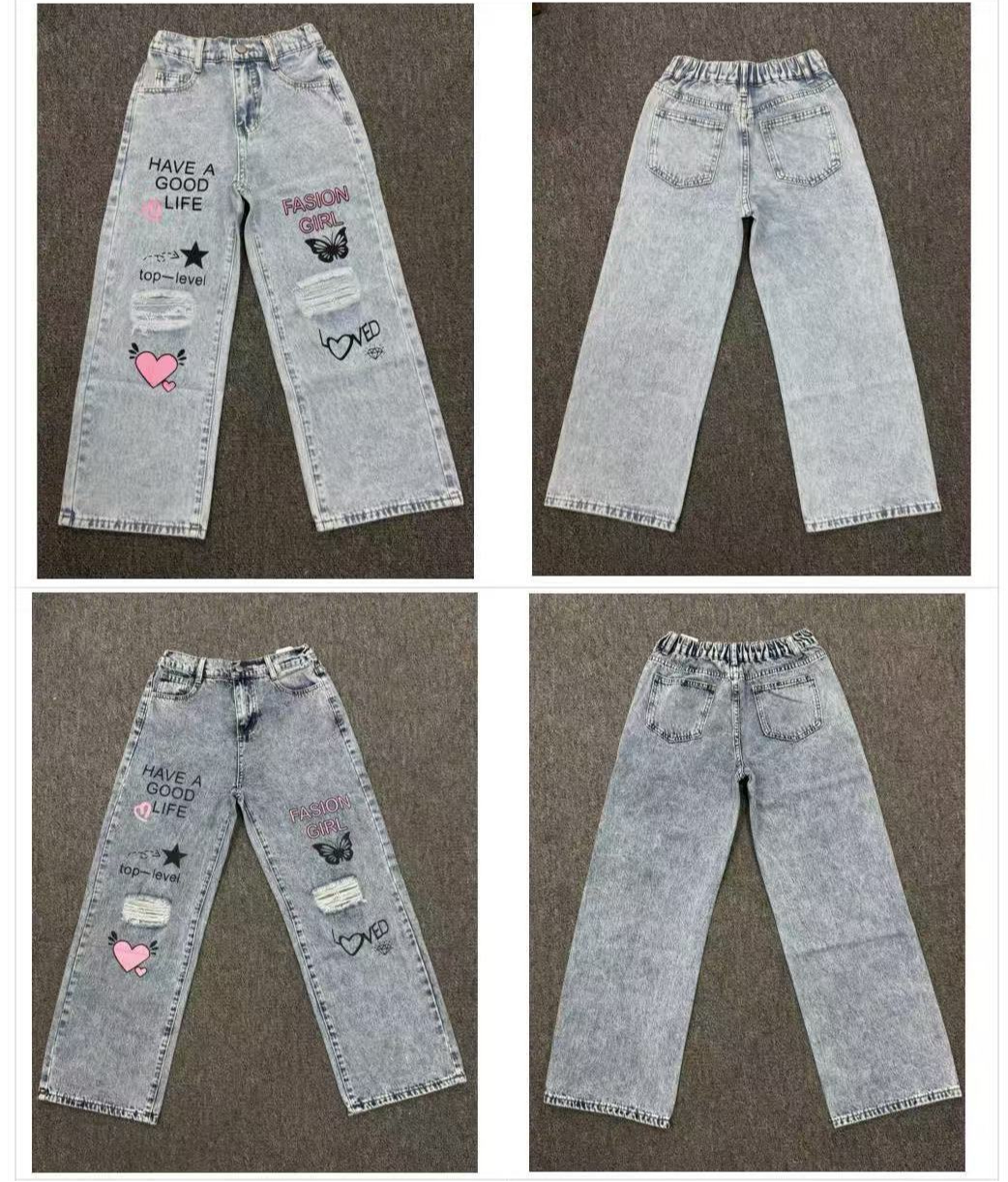 Girl's Snowflake Washed Ripped Print Wide Leg Jeans_voghion.com