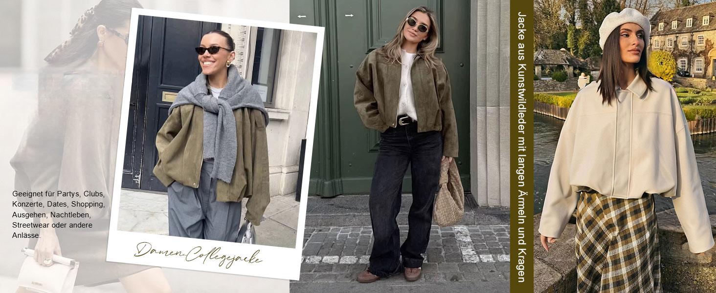 Giacca in pelle scamosciata da donna, corta: giacca bomber oversize realizzata in morbida pelle scamosciata sintetica con fodera in pile, giacca invernale streetwear per il periodo di transizione autunnale_voghion.com