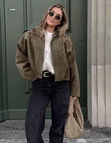 Giacca in pelle scamosciata da donna, corta: giacca bomber oversize realizzata in morbida pelle scamosciata sintetica con fodera in pile, giacca invernale streetwear per il periodo di transizione autunnale_voghion.com