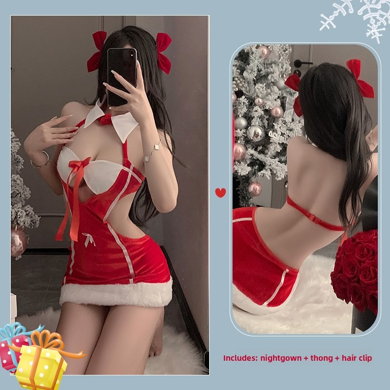 New Year's Day Christmas Uniform Sexy Underwear Velvet Pajama Role Playing Sexy New Year Robe Pajama Set_voghion.com