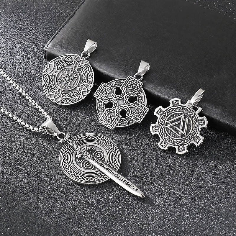 Vintage Nordic Cross Celtic Knot Amulet Ornament Viking Warrior Sword Shield Stainless Steel Men's Pendant_voghion.com