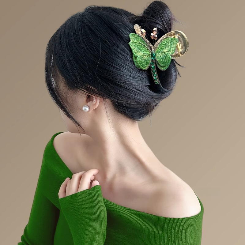 Fermaglio per capelli a forma di farfalla con ricamo in stile retrò, da donna, di medie dimensioni, nuovo, con legatura a metà sulla parte posteriore della testa, accessorio per capelli con fermaglio a forma di squalo_voghion.com