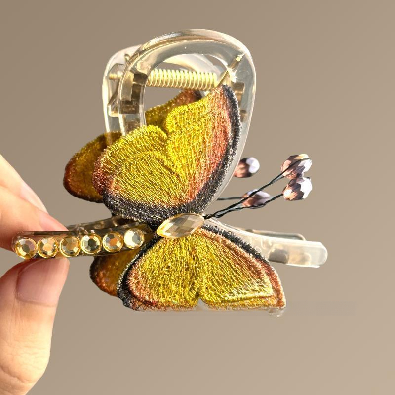 Fermaglio per capelli a forma di farfalla con ricamo in stile retrò, da donna, di medie dimensioni, nuovo, con legatura a metà sulla parte posteriore della testa, accessorio per capelli con fermaglio a forma di squalo_voghion.com