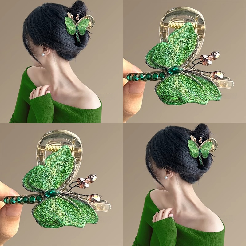 Fermaglio per capelli a forma di farfalla con ricamo in stile retrò, da donna, di medie dimensioni, nuovo, con legatura a metà sulla parte posteriore della testa, accessorio per capelli con fermaglio a forma di squalo_voghion.com