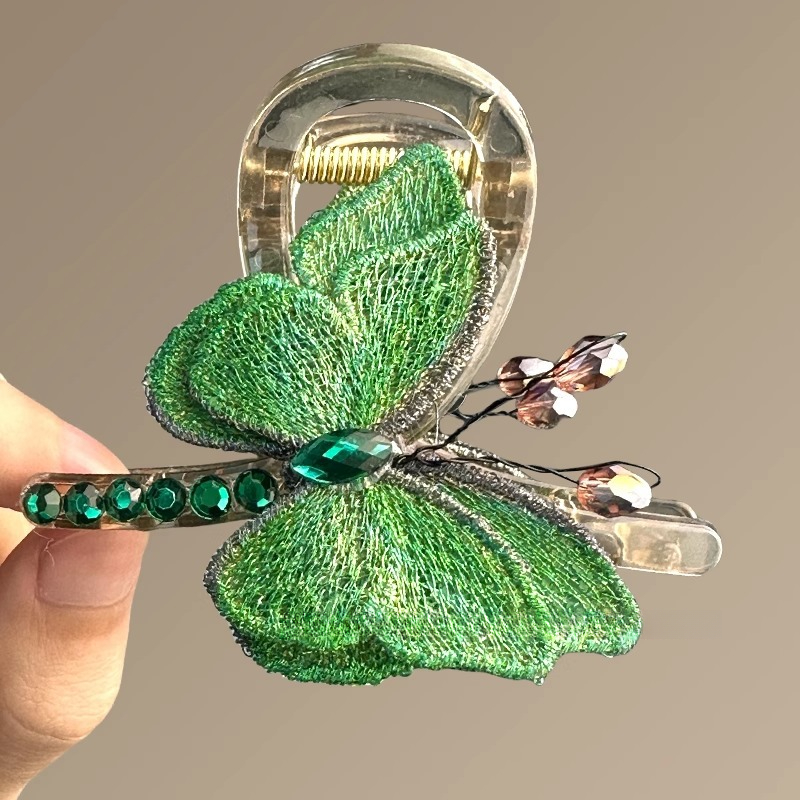 Fermaglio per capelli a forma di farfalla con ricamo in stile retrò, da donna, di medie dimensioni, nuovo, con legatura a metà sulla parte posteriore della testa, accessorio per capelli con fermaglio a forma di squalo_voghion.com