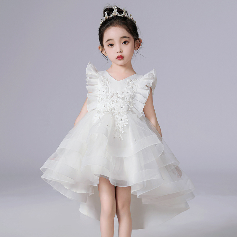 Robe de princesse mignonne et douce à ourlet volanté pour jeune fille, robe sans manches à voile brodée de fleurs pour anniversaire, fête, mariage, Noël, robe de fête pour enfants_voghion.com
