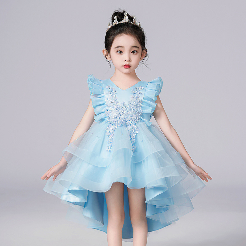 Robe de princesse mignonne et douce à ourlet volanté pour jeune fille, robe sans manches à voile brodée de fleurs pour anniversaire, fête, mariage, Noël, robe de fête pour enfants_voghion.com