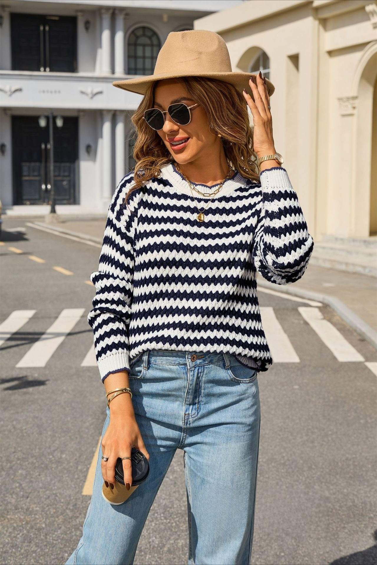 Hochwertiger Gestreifter Damen Strickpullover Langarm Oberteil_voghion.com