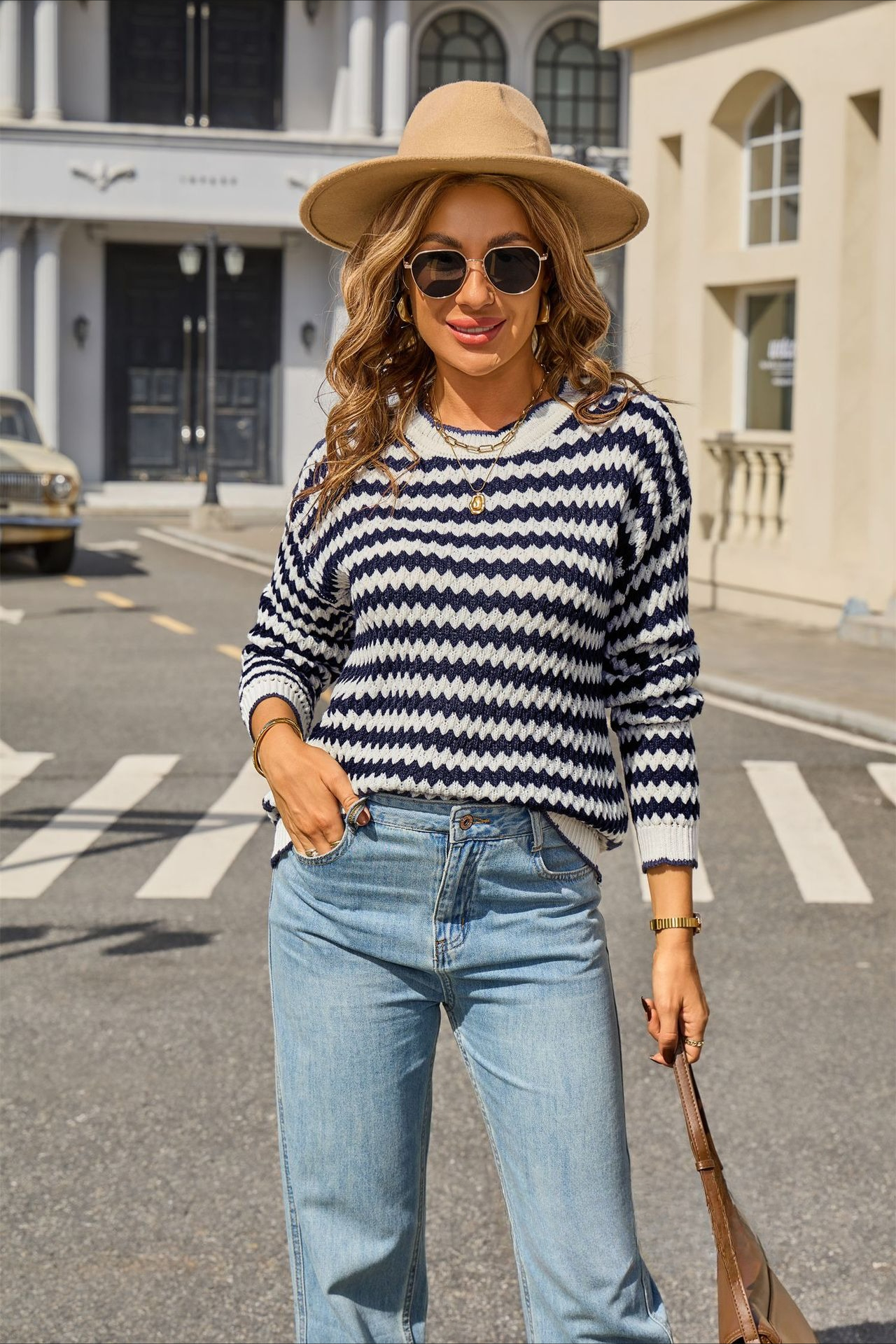 Hochwertiger Gestreifter Damen Strickpullover Langarm Oberteil_voghion.com