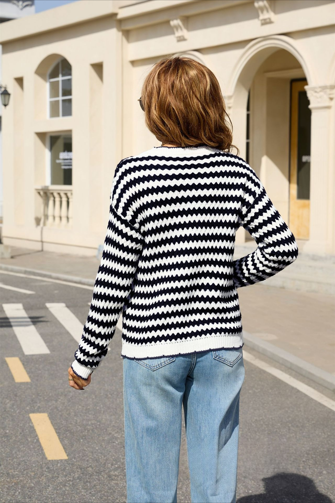 Hochwertiger Gestreifter Damen Strickpullover Langarm Oberteil_voghion.com