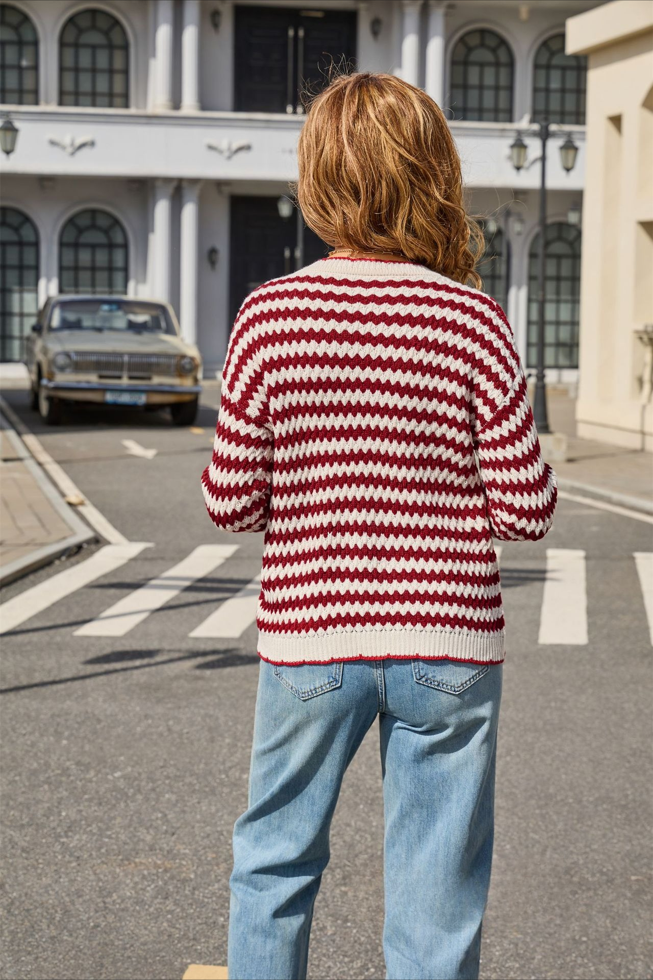 Hochwertiger Gestreifter Damen Strickpullover Langarm Oberteil_voghion.com