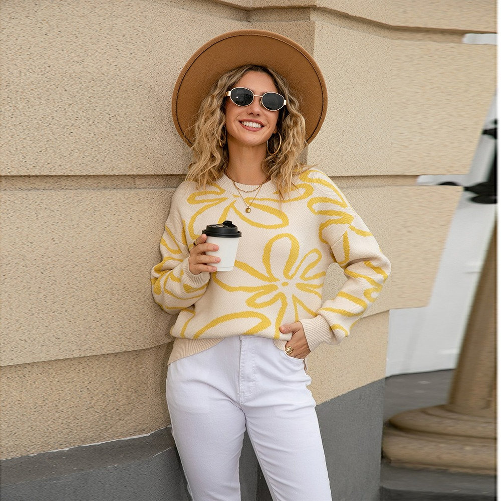 2025 Herbst und Winter Neue Mode Rundhalsausschnitt Blume Kontrast Pullover Lose Pullover Gedruckt Gestrickte Pullover Frauen_voghion.com