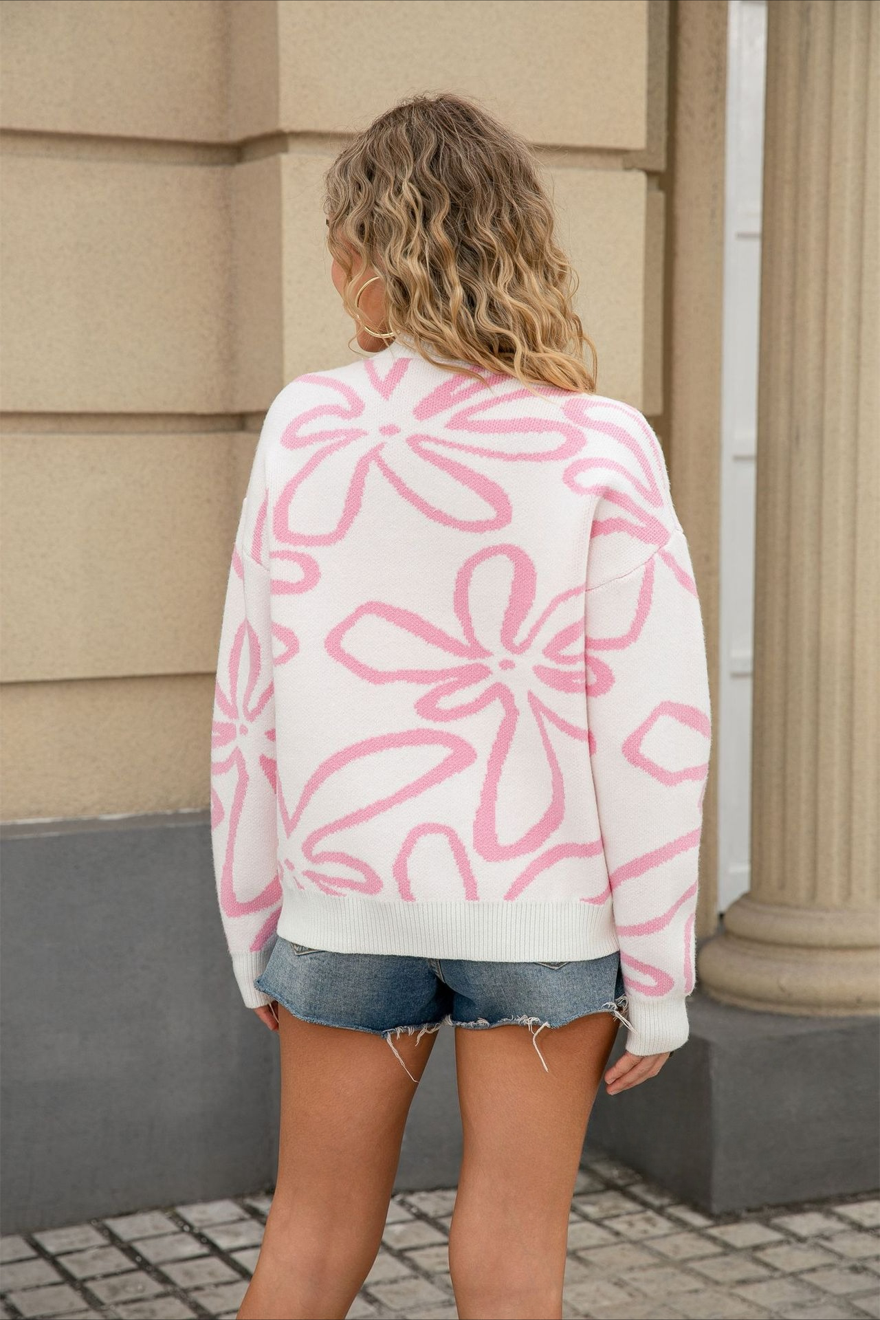 Damen Pullover Mit Rundhalsausschnitt Und Blumenmuster Strick_voghion.com