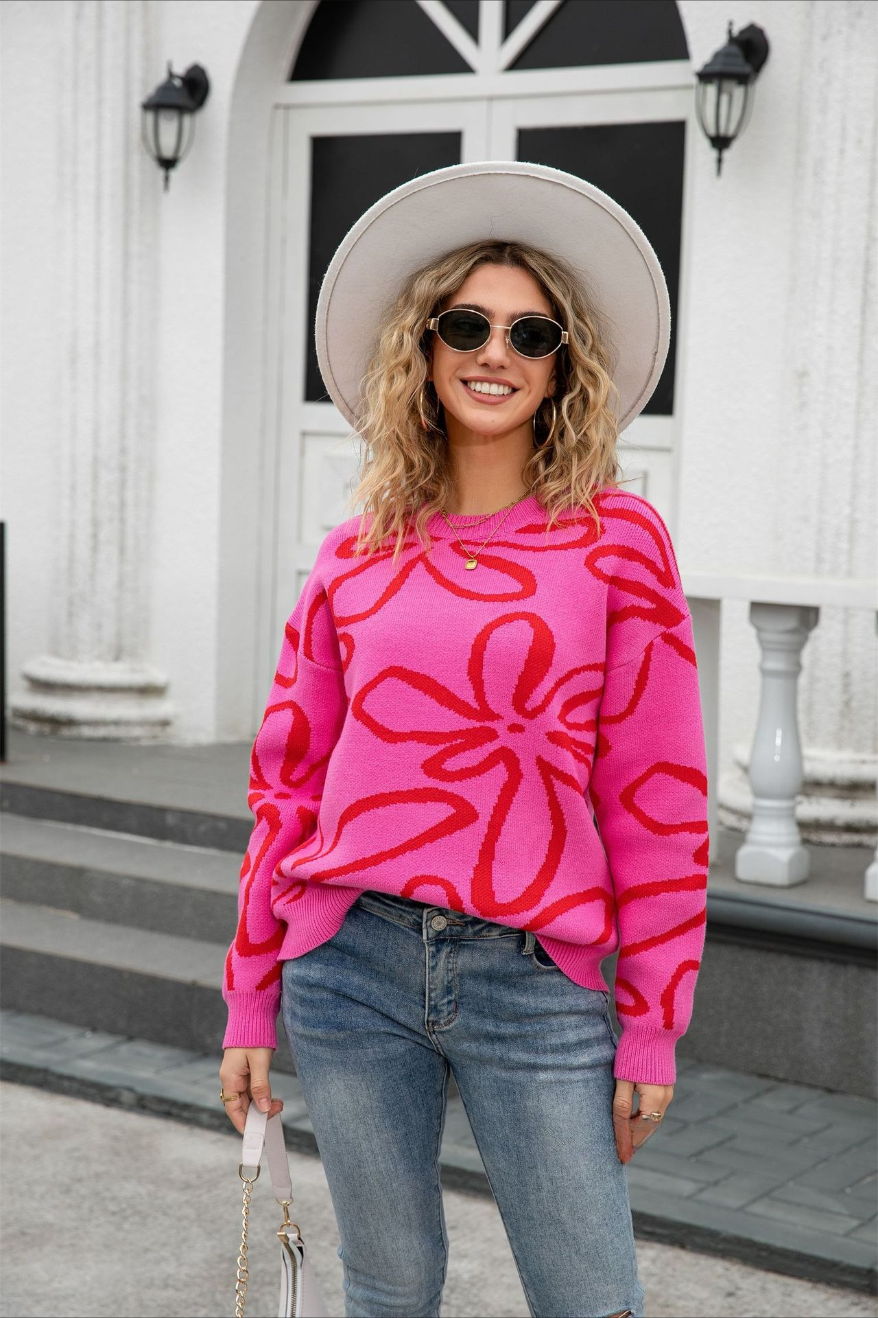 Damen Pullover Mit Rundhalsausschnitt Und Blumenmuster Strick_voghion.com