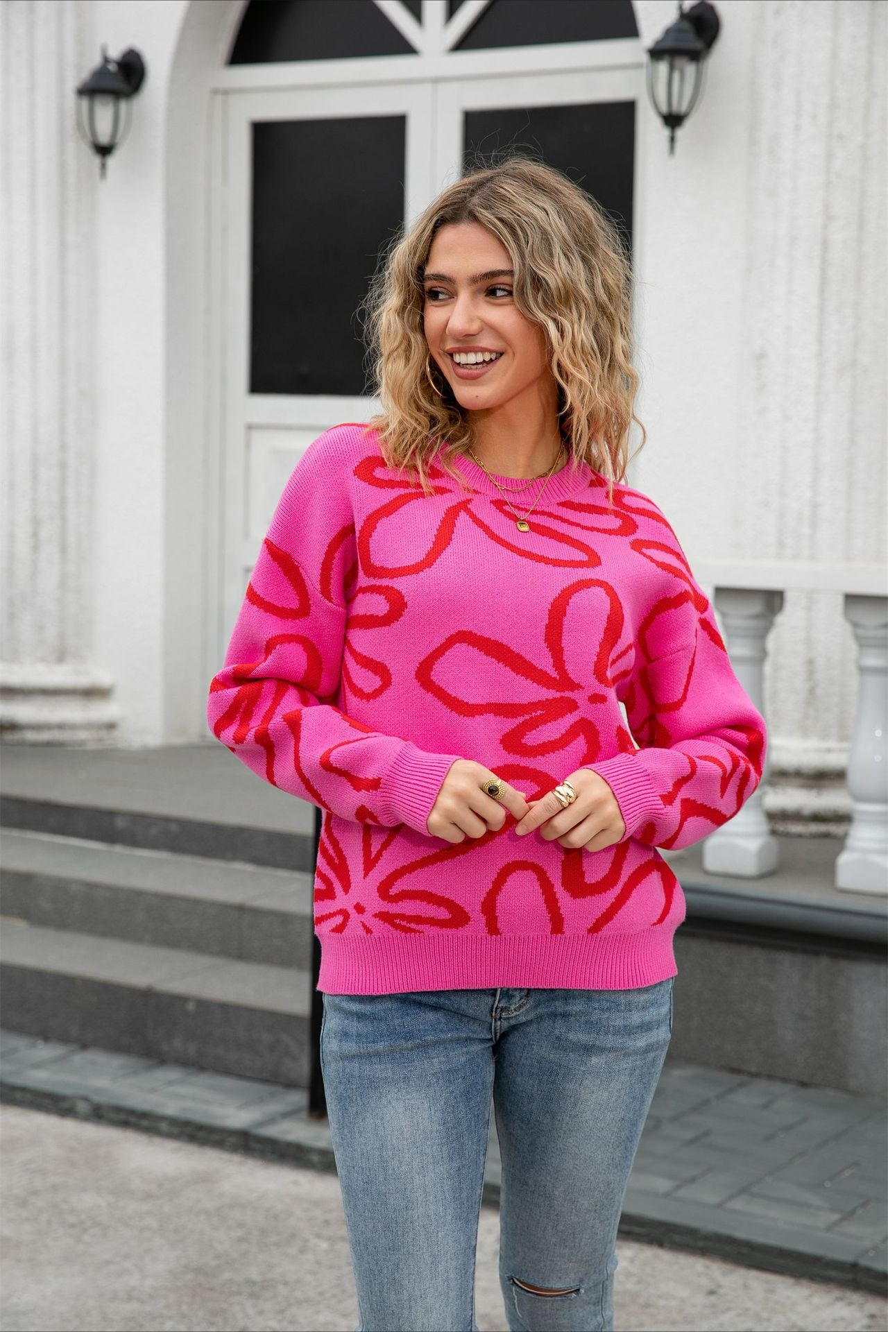 Damen Pullover Mit Rundhalsausschnitt Und Blumenmuster Strick_voghion.com