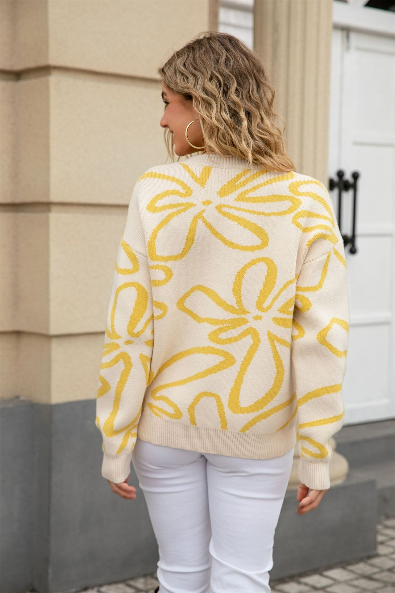 Damen Pullover Mit Rundhalsausschnitt Und Blumenmuster Strick_voghion.com