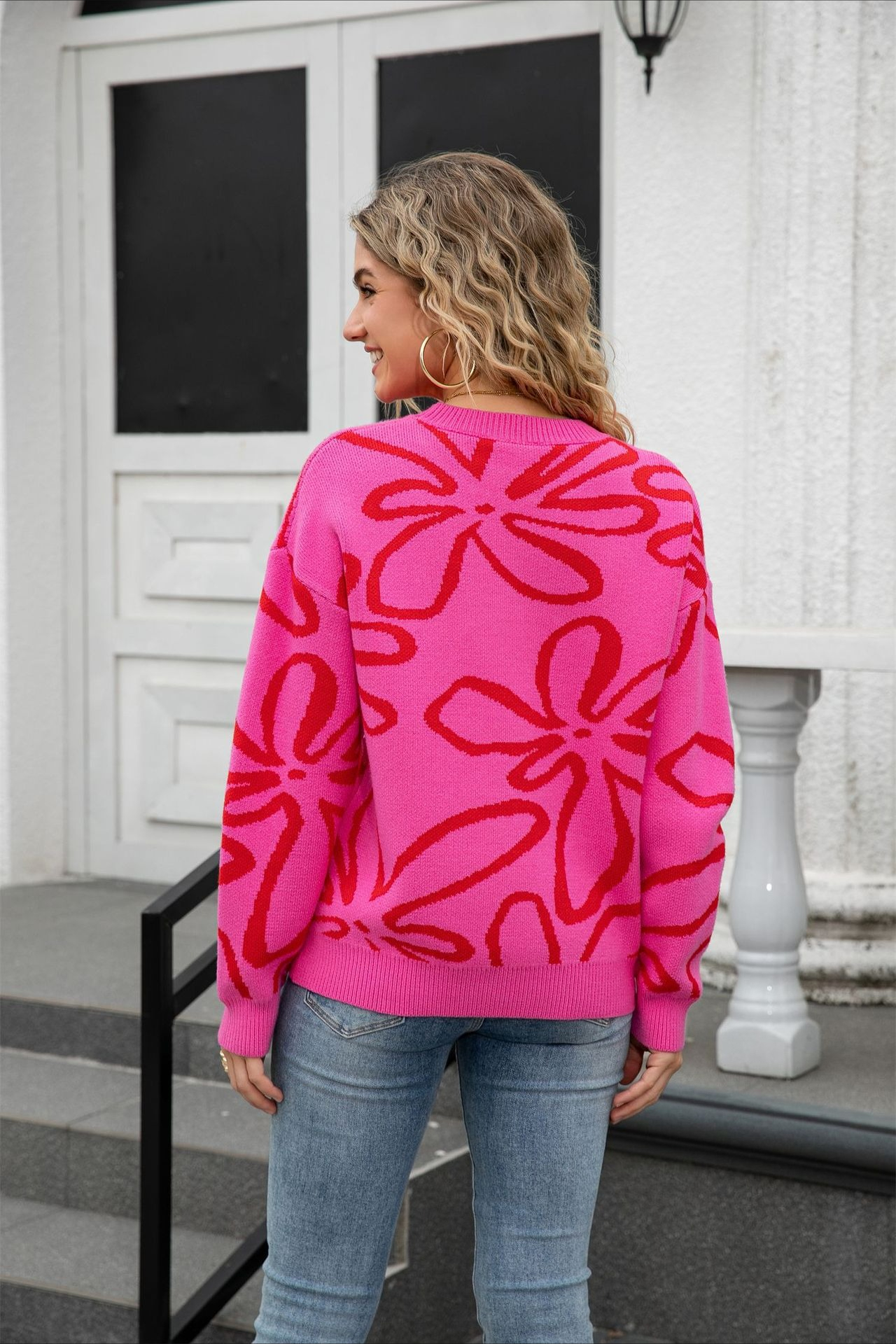 Damen Pullover Mit Rundhalsausschnitt Und Blumenmuster Strick_voghion.com