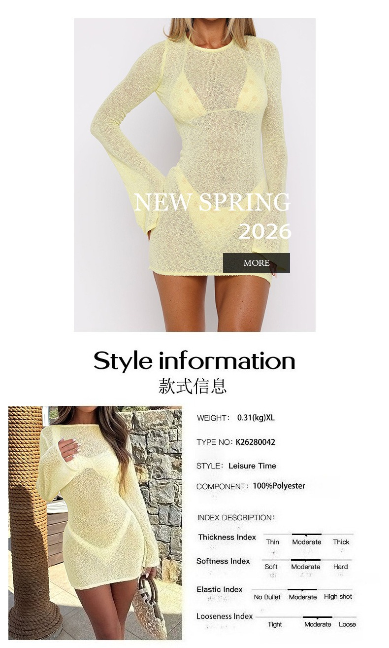 European And American Holiday Style Versatile Long-sleeved Semi-transparent Dress Woolen Women's Clothing 2026 Spring And Summer_ecoleips.com