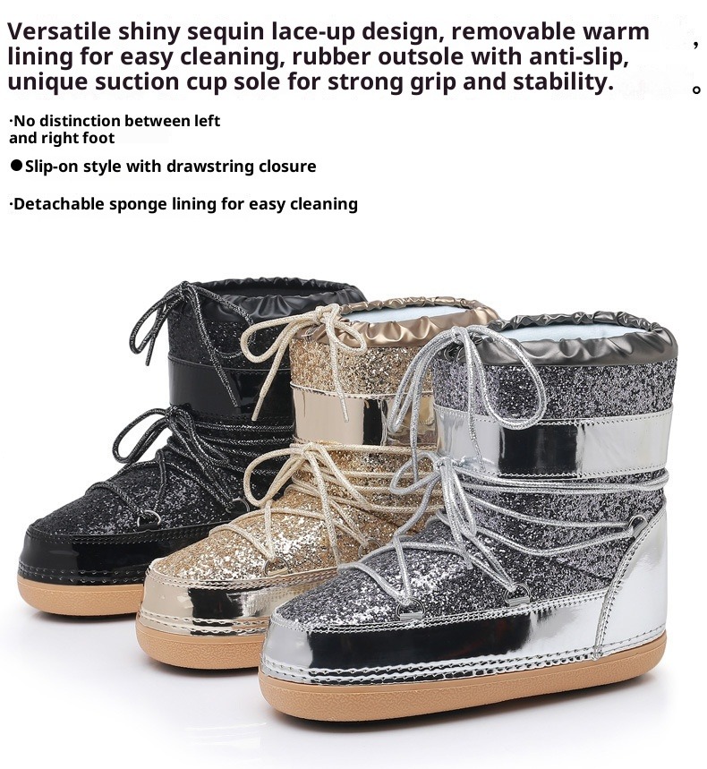 NOKOMETA European And American Winter Space Boots Platform Sequined Bread Short Boots Snow Boots Women's Tide Ski Shoes Straps 2025_voghion.com