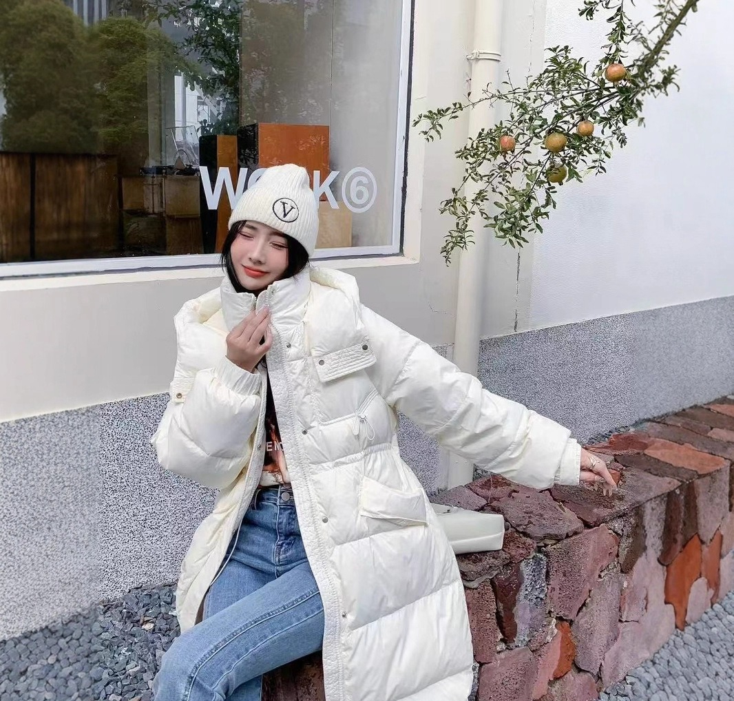 Giacca bianca in piumino da donna lunga sopra il ginocchio, abbigliamento invernale, nuova giacca in piumino, giacca spessa_voghion.com