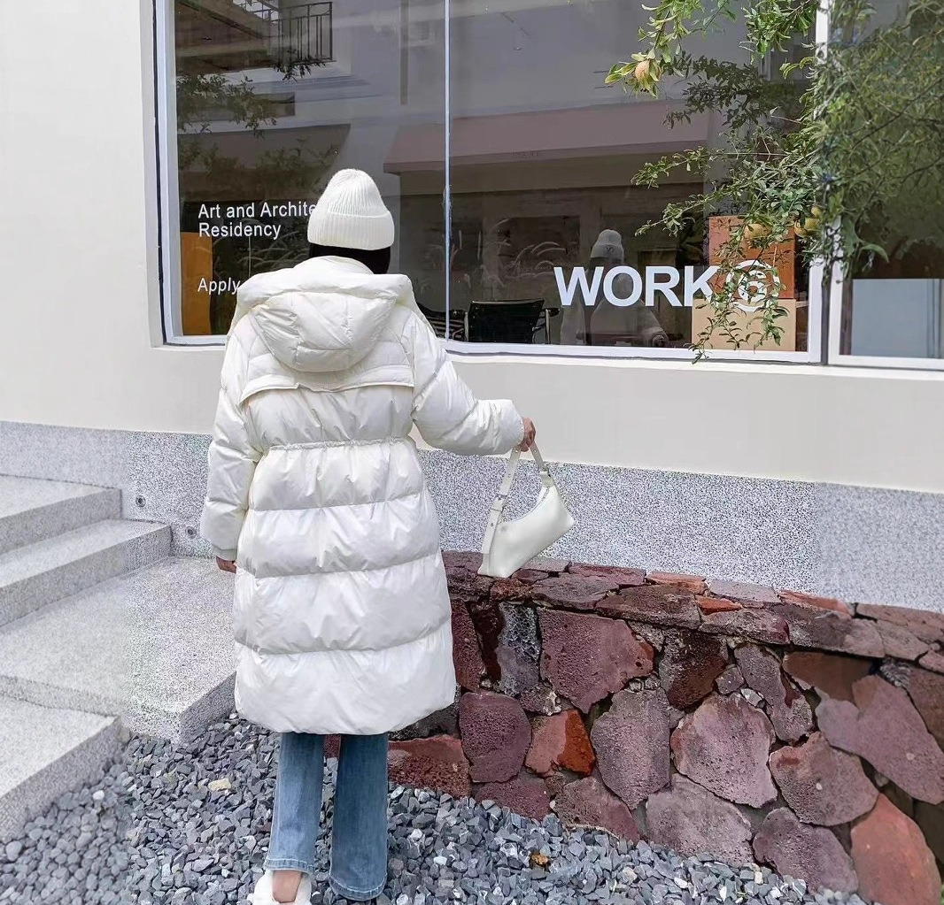 Giacca bianca in piumino da donna lunga sopra il ginocchio, abbigliamento invernale, nuova giacca in piumino, giacca spessa_voghion.com