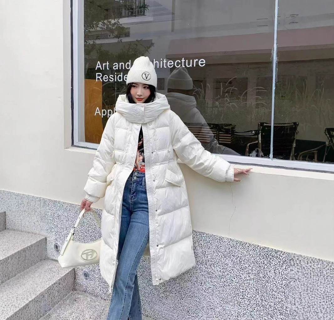 Giacca bianca in piumino da donna lunga sopra il ginocchio, abbigliamento invernale, nuova giacca in piumino, giacca spessa_voghion.com