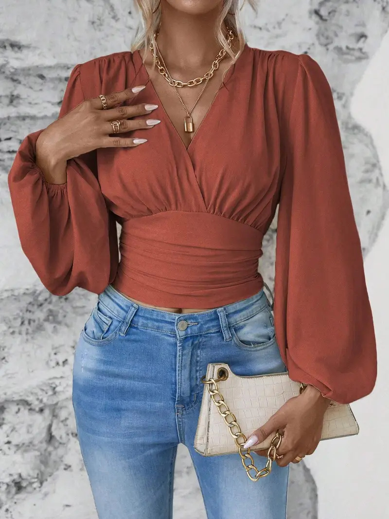Spring New Solid Color V-neck T-shirt Fashionable And Elegant Lantern Long-sleeved Top Spring And Summer Women's Clothing_ecoleips.com