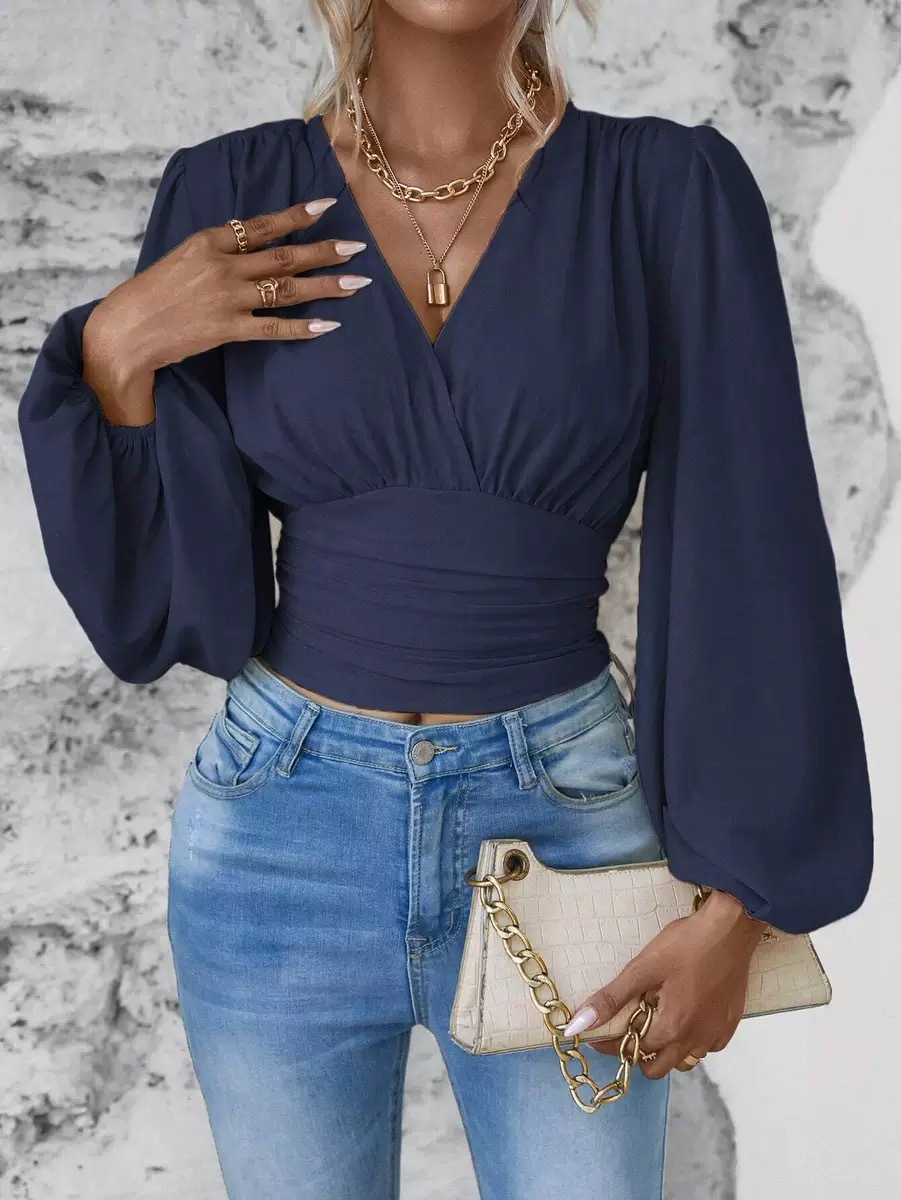 Spring New Solid Color V-neck T-shirt Fashionable And Elegant Lantern Long-sleeved Top Spring And Summer Women's Clothing_ecoleips.com