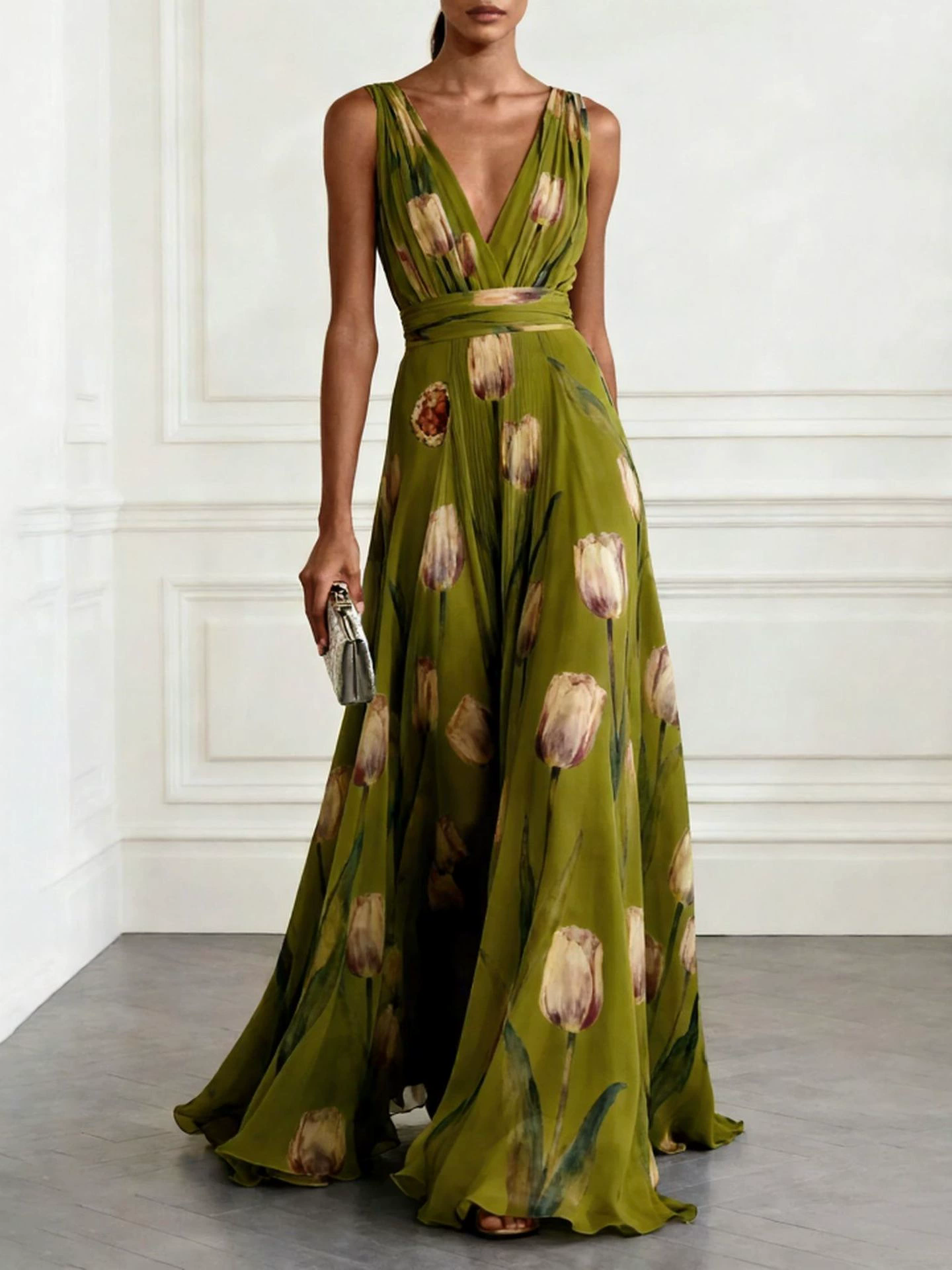 Tulip Printed Evening Dress Women's Sleeveless V-Neck Chiffon Dress_ecoleips.com