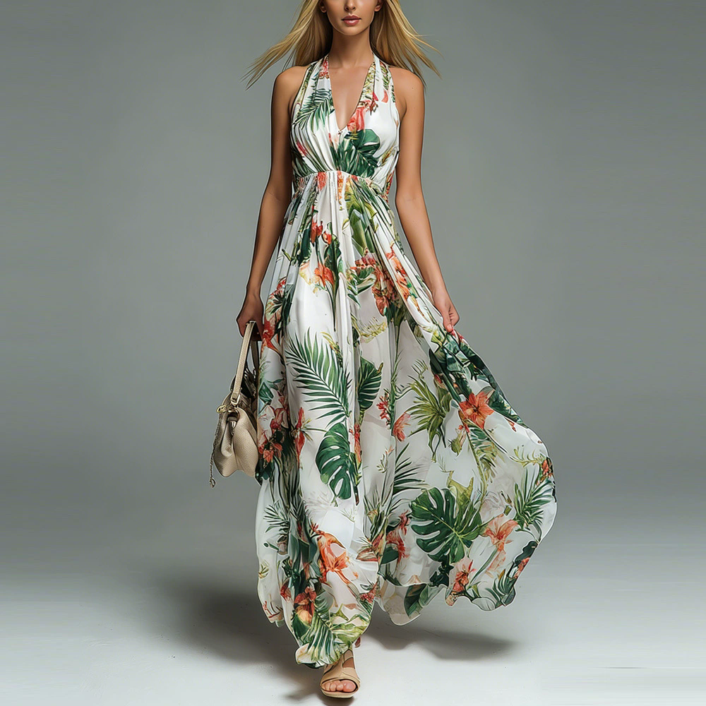 New Women's Printed Casual Neck Sleeveless V-Neck Dress Women_ecoleips.com