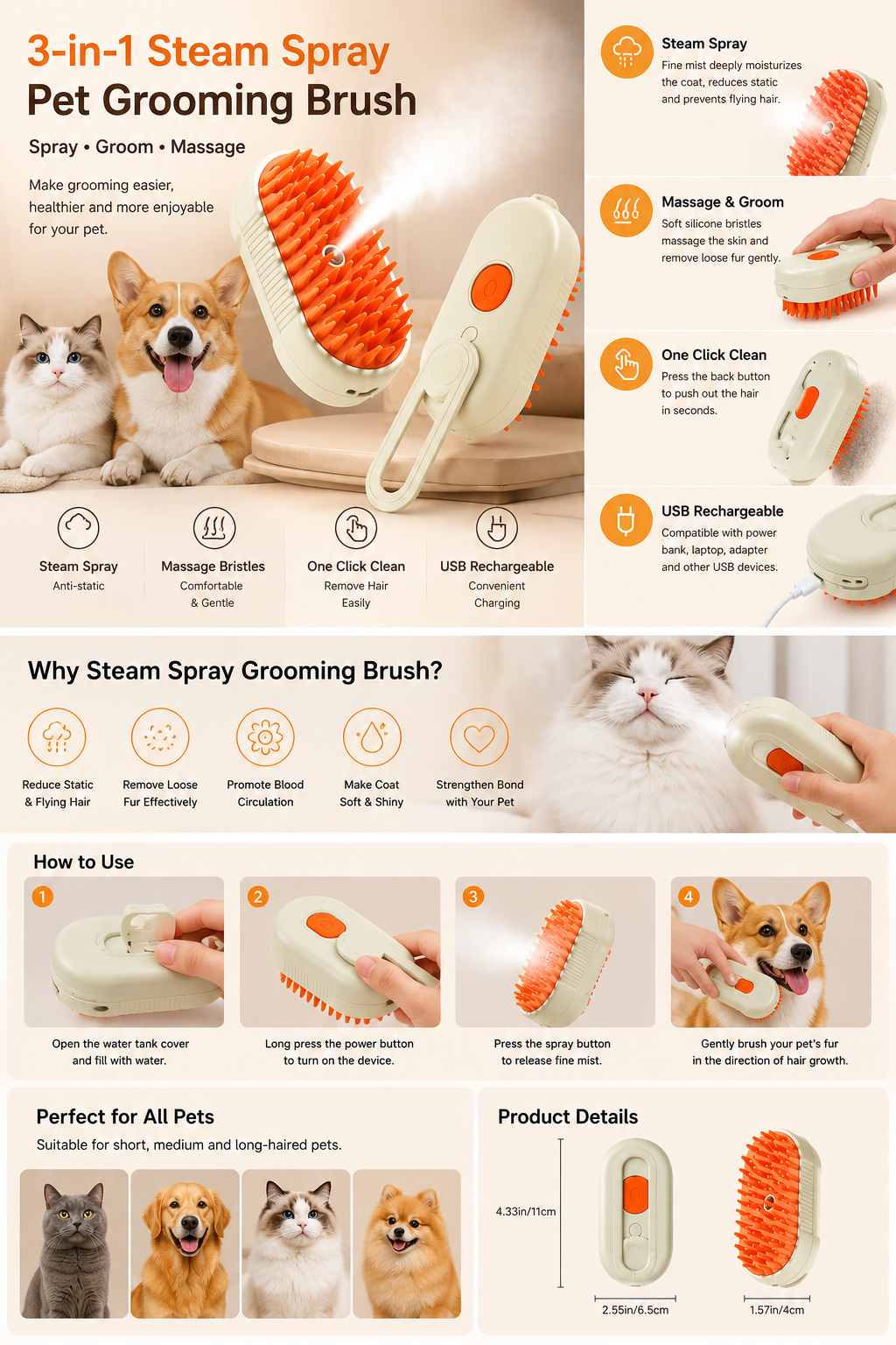3-in-1 Steam Spray Pet Grooming Brush features