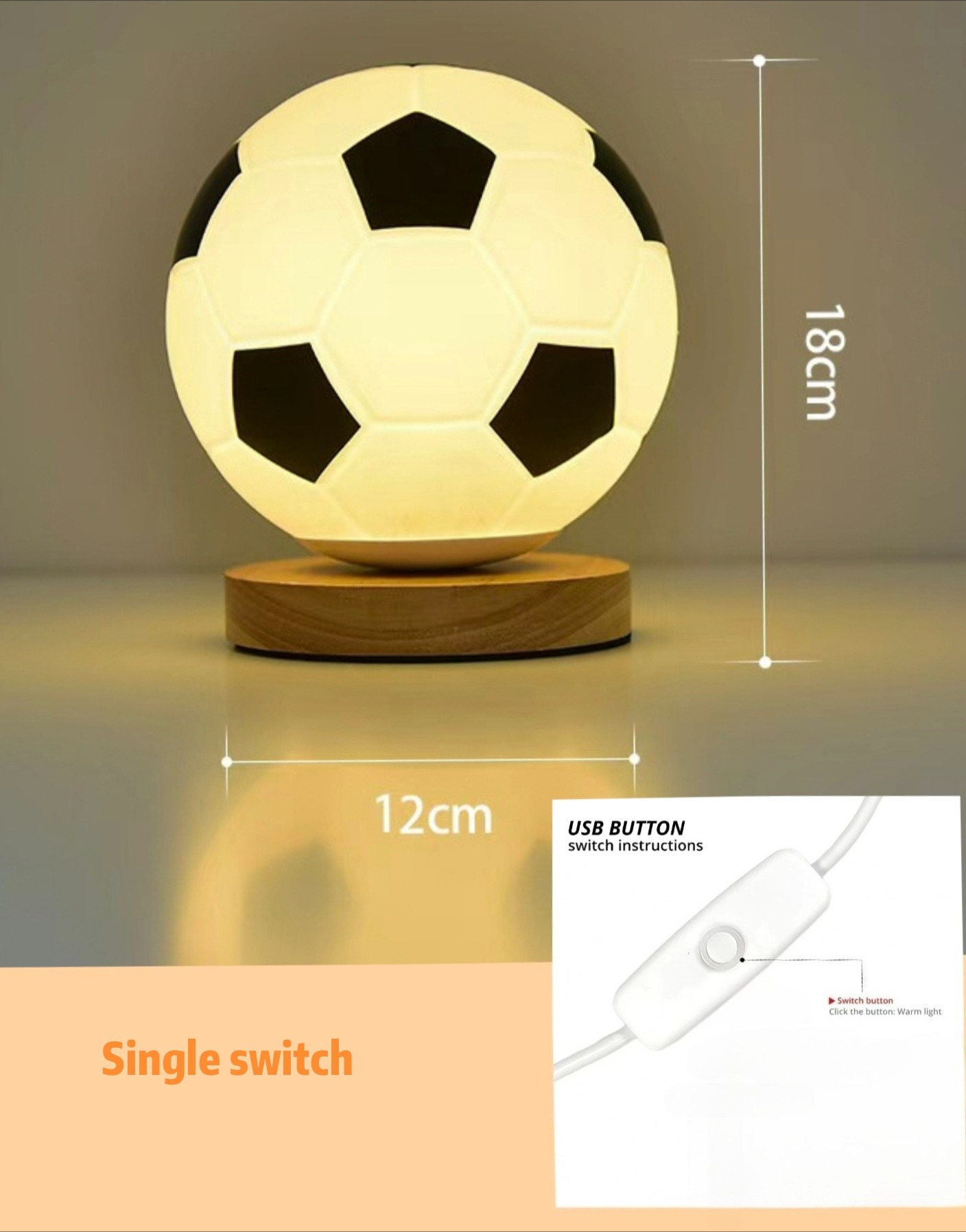 Luce notturna a forma di pallone da calcio alimentata tramite USB - Piccola lampada da tavolo in legno massello e vetro, LED bianco caldo per camera da letto, studio e cameretta dei bambini_voghion.com