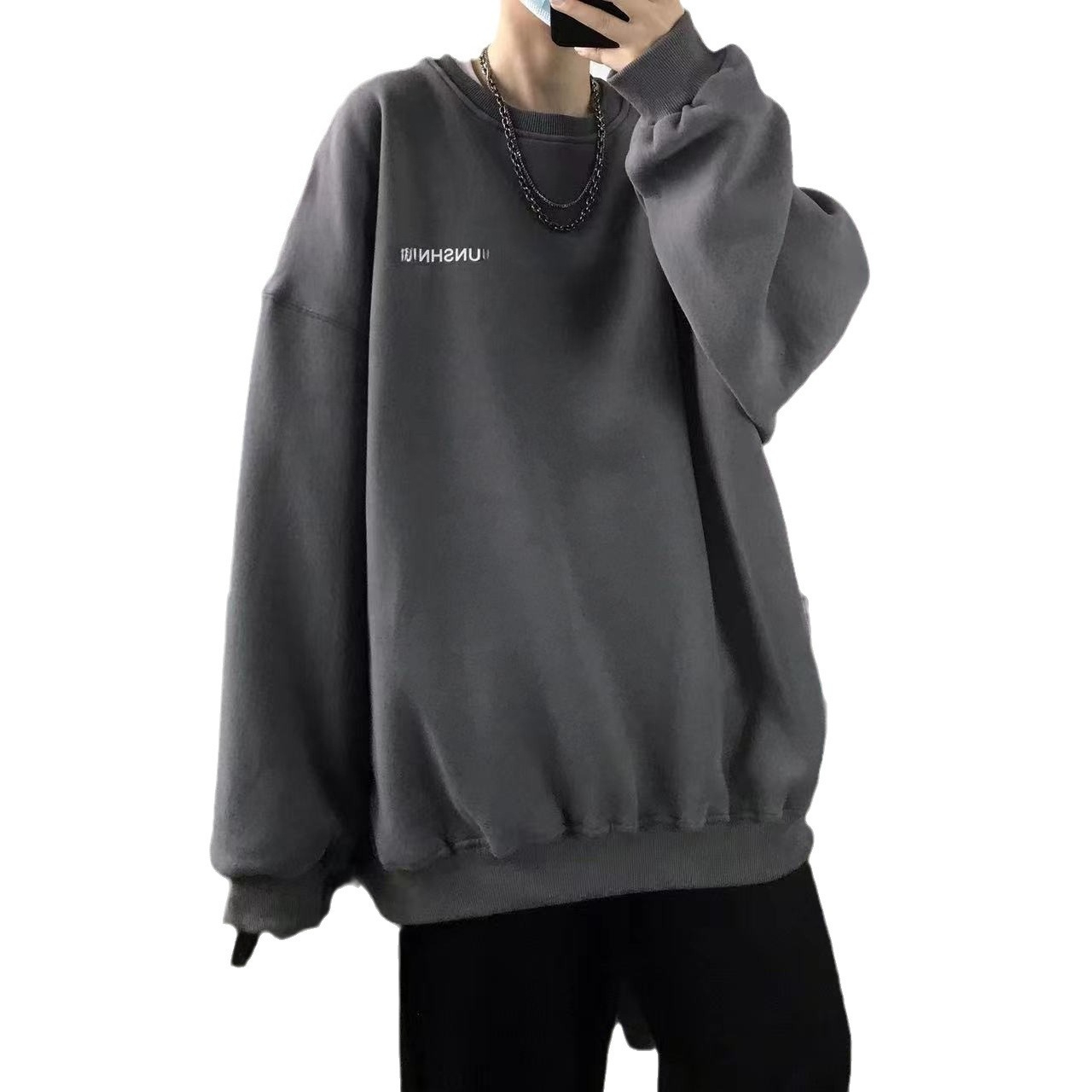 Neuer Fleece-Pullover für Herbst und Winter, voluminös geschnitten und locker mit Rundhalsausschnitt, Herrenbekleidung_voghion.com