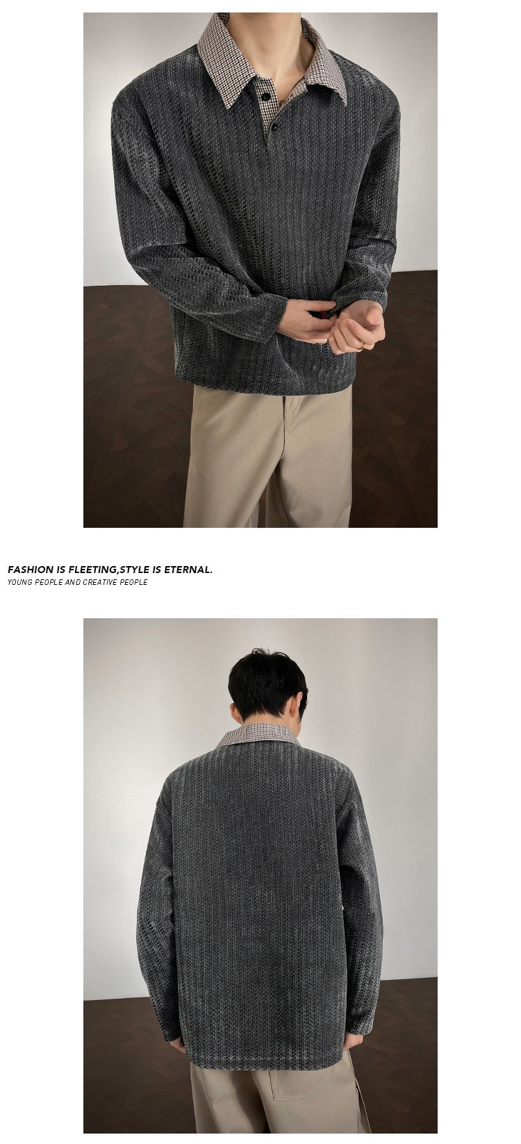 Fishbone Pattern Polo Collar Sweatshirt For Men Spring Long Sleeve_voghion.com