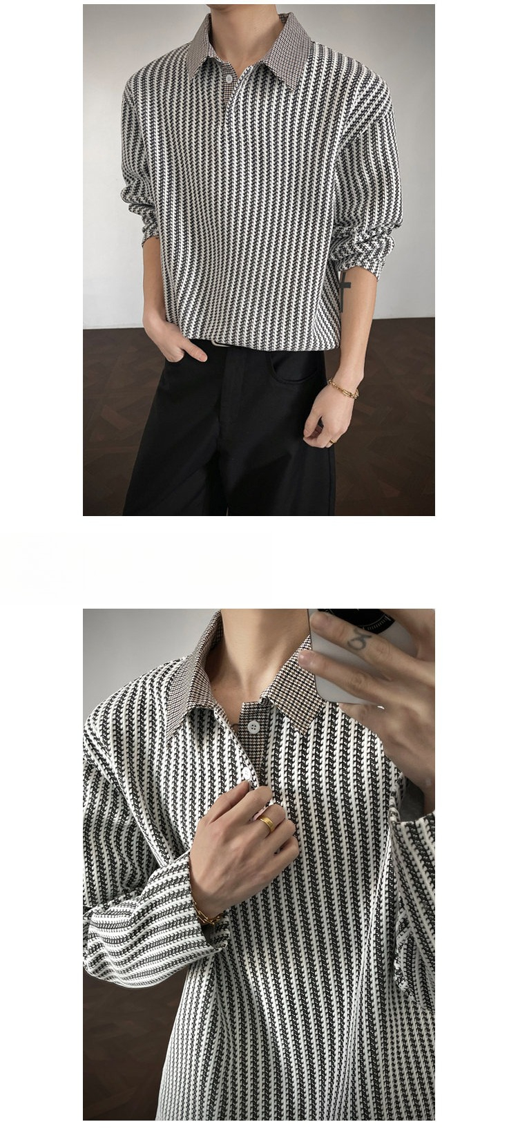 Fishbone Pattern Polo Collar Sweatshirt For Men Spring Long Sleeve_voghion.com