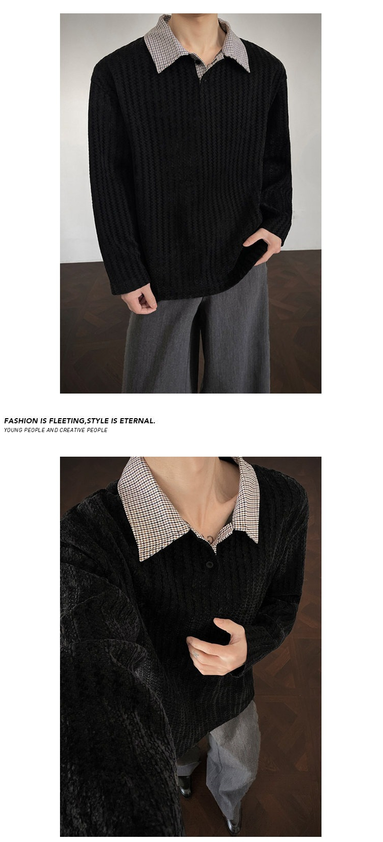 Fishbone Pattern Polo Collar Sweatshirt For Men Spring Long Sleeve_voghion.com