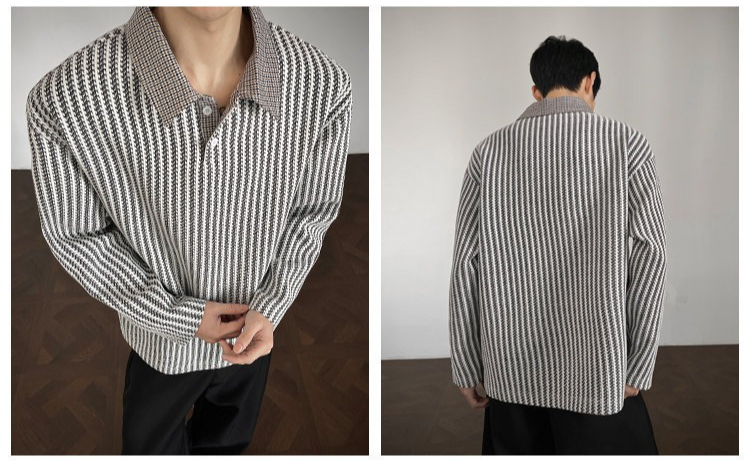 Fishbone Pattern Polo Collar Sweatshirt For Men Spring Long Sleeve_voghion.com