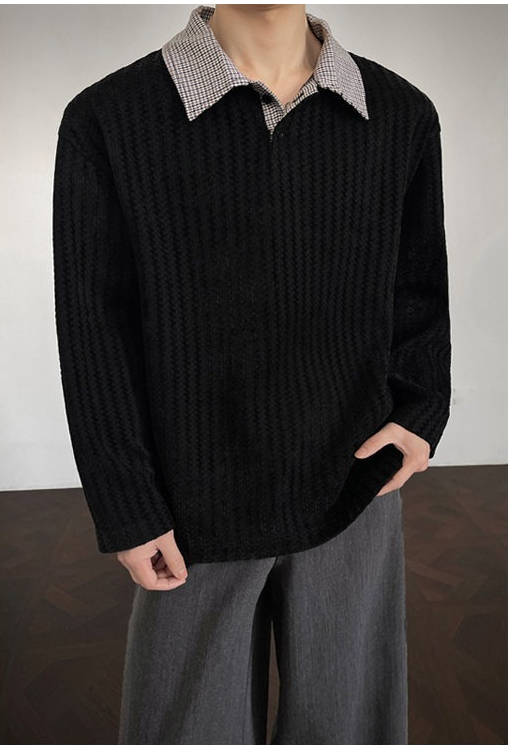 Fishbone Pattern American-style Heavy Polo Collar Sweatshirt For Men, Spring Striped Long-sleeve T-shirt,_voghion.com