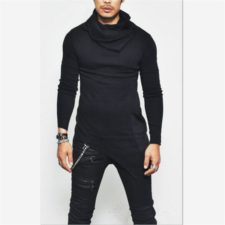 Spring Autumn European And American Trendy Men's Turtleneck Long-sleeve T-shirt, Irregular Hem, Plus Size, Hip-hop High_viptrois.com