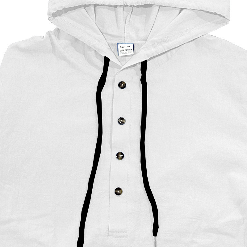 Spring Summer Fashion European-USA Style Top Base Layer Men Pure Color Long Sleeve Casual Half Button Cotton-Linen Breathable Loose Hooded T-Shirt_viptrois.com