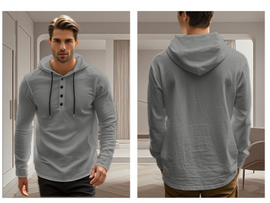 Spring Summer Fashion European-USA Style Top Base Layer Men Pure Color Long Sleeve Casual Half Button Cotton-Linen Breathable Loose Hooded T-Shirt_viptrois.com